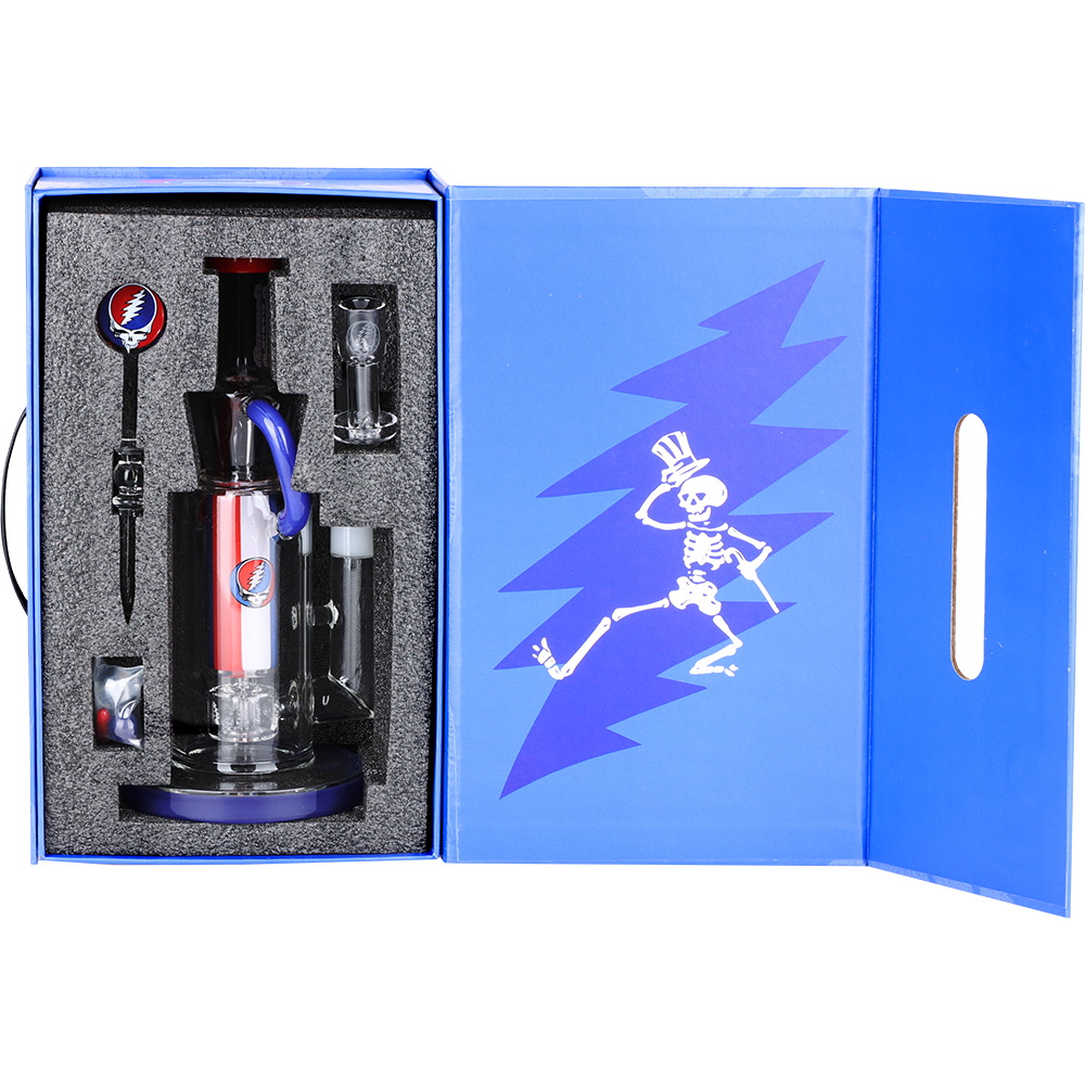 Grateful Dead x Pulsar Cascade Waterfall Recycler Dab Rig Set | Luxury Gift Box Packaging Open View