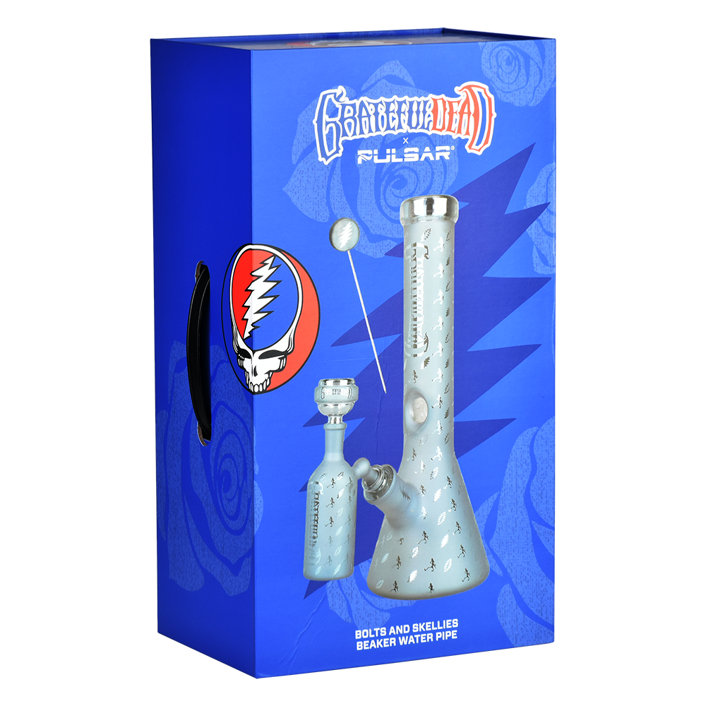 Grateful Dead x Pulsar Lightning Skellies Beaker Bong Set | Blue | Packaging