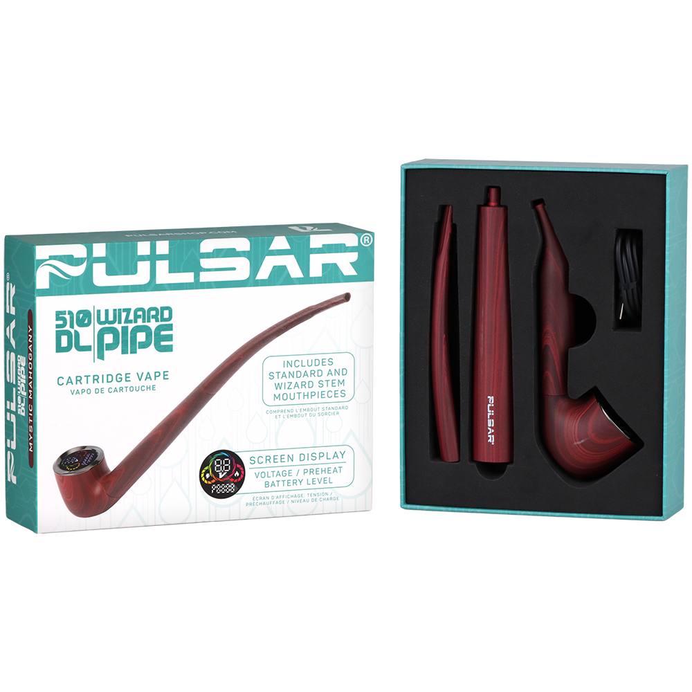 Pulsar 510 DL Wizard Pipe Auto-Draw Vape | Mystic Mahogany | Packaging & Contents
