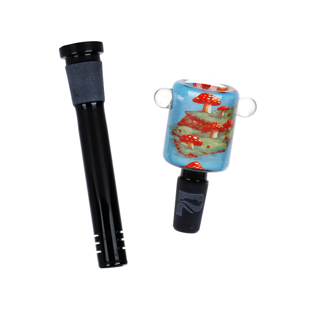 Pulsar Inside Print Straight Tube Bong | Floating Mushrooms | Matching Herb Slide & Slitted Downstem