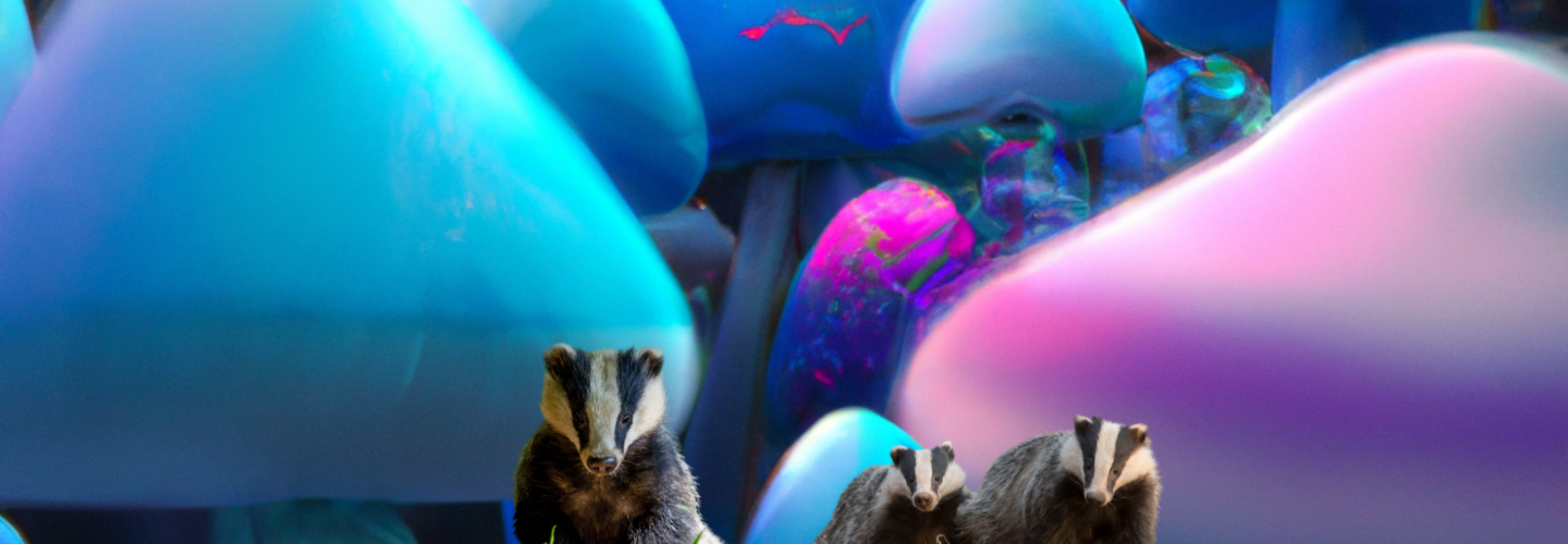Huge pink and blue glowing mushrooms with some covert badgers popping up in the foreground.