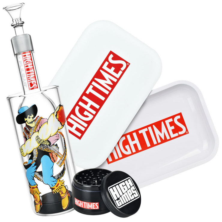 High Times x Pulsar Cowboy Gravity Bong, White Tray Kit & High Times Logo Black Grinder