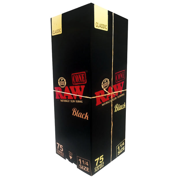 RAW Black Pre-Rolled Cones | 75pc Box | 1 1/4 Inch Size