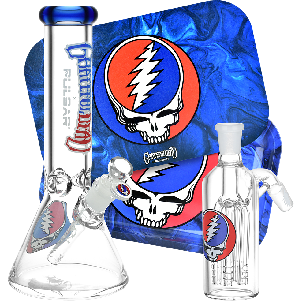 Grateful Dead Beaker Bong, Ash Catcher, & Rolling Tray Bundle