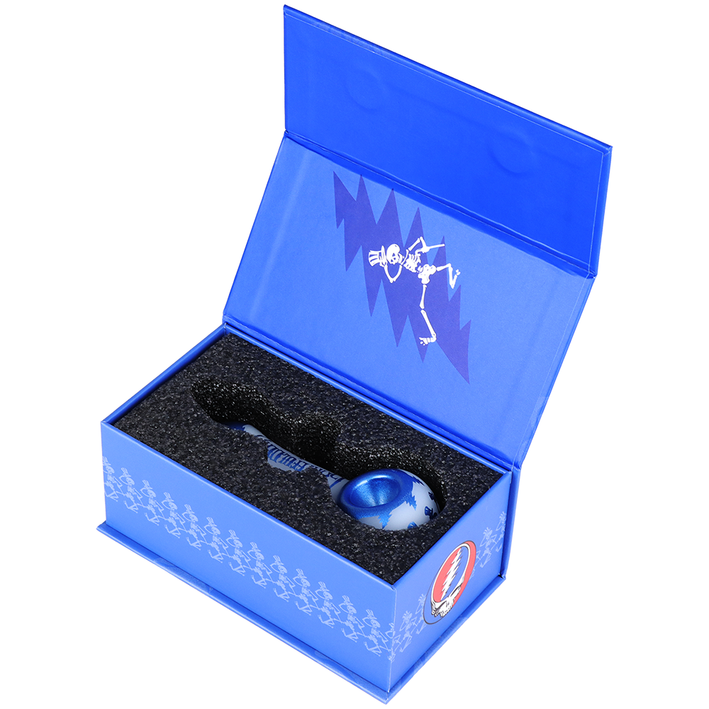 Grateful Dead x Pulsar Etched Spoon Pipe | Blue Sky Dancing Skellies | Gift Box Packaging Open View