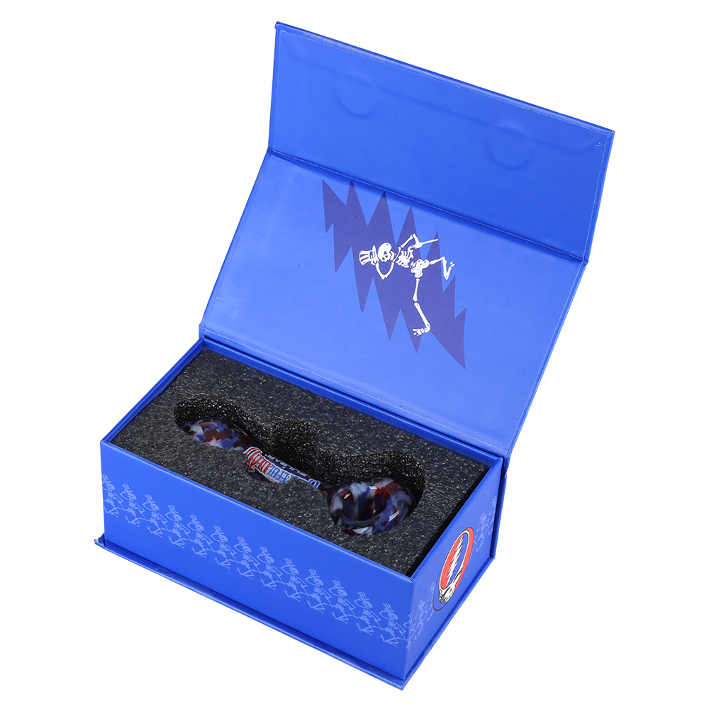 Grateful Dead x Pulsar Frit Spoon Pipe | Acid Rain | Luxury Gift Box Packaging Open View