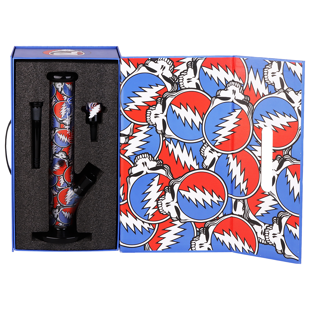 Grateful Dead x Pulsar Inside Print Straight Tube Bong | Stealie Collage | Packaging Open View