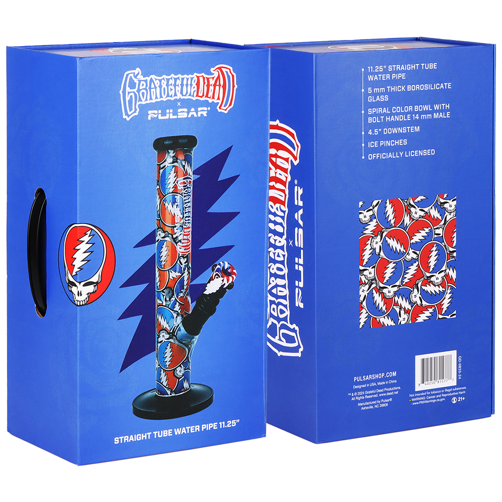 Grateful Dead x Pulsar Inside Print Straight Tube Bong | Stealie Collage | Packaging Front & Back View