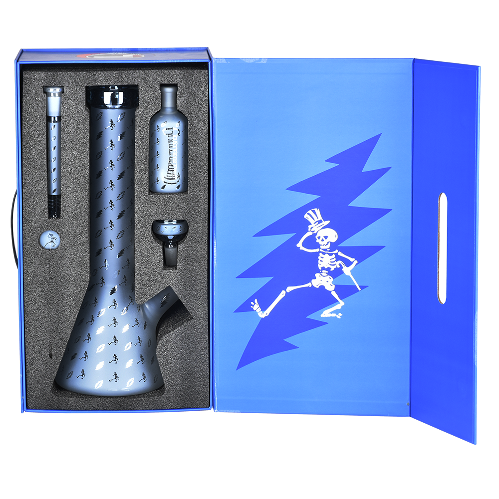 Grateful Dead x Pulsar Lightning Skellies Beaker Bong Set | Blue | Packaging Open View