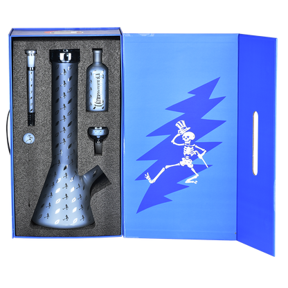 Grateful Dead x Pulsar Lightning Skellies Beaker Bong Set | Blue | Packaging Open View