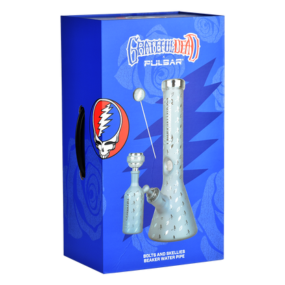 Grateful Dead x Pulsar Lightning Skellies Beaker Bong Set | Blue | Packaging