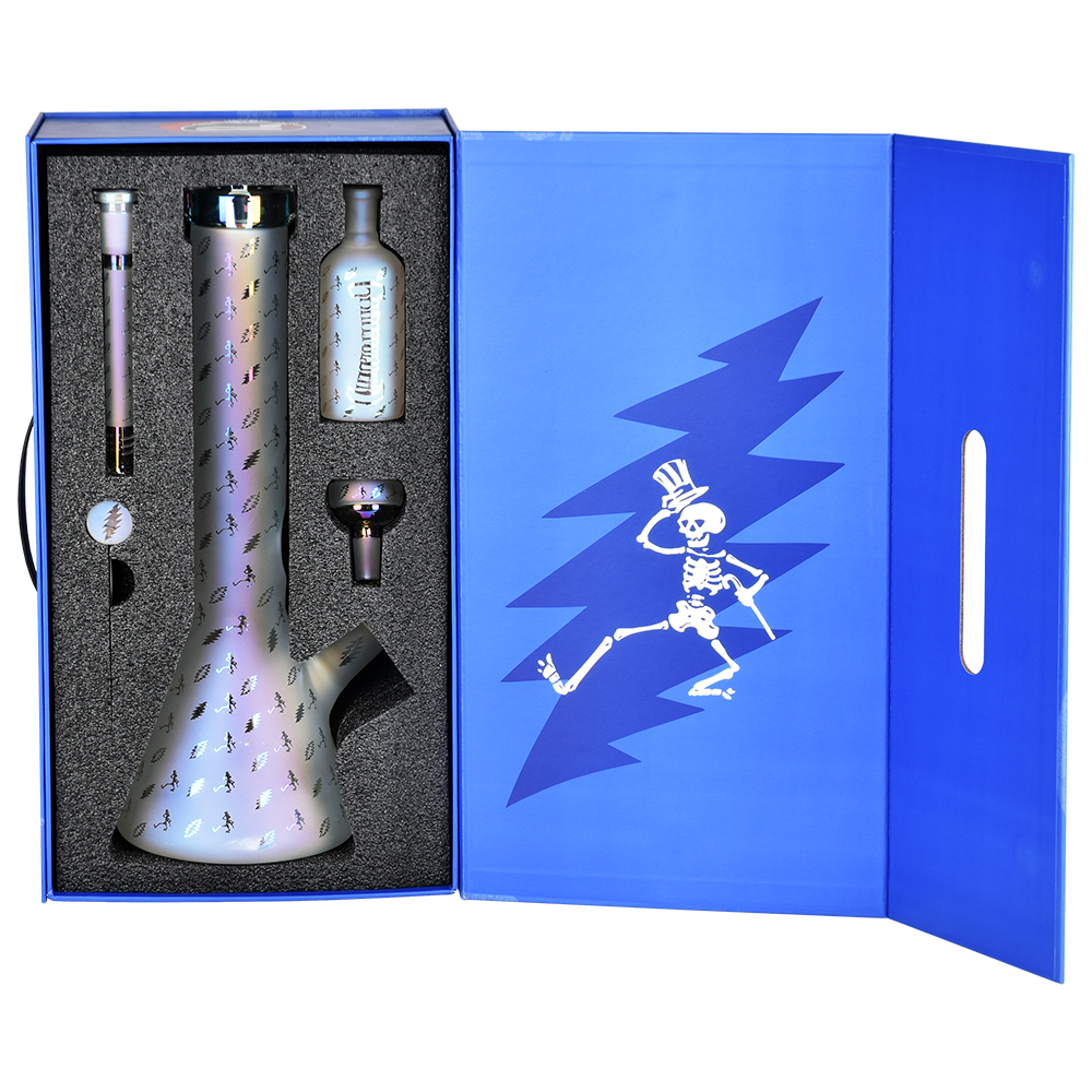 Grateful Dead x Pulsar Lightning Skellies Beaker Bong Set | Clear | Packaging Open View
