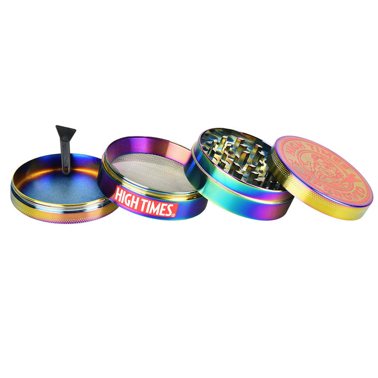 High Times® x Pulsar Bundles | Rainbow Metal 4pc Grinder | Pieces Spread