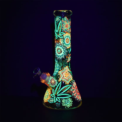 Mandala Hemp Leaf Beaker Bong | Glow In The Dark