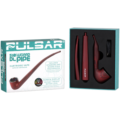 Pulsar 510 DL Wizard Pipe Auto-Draw Vape | Mystic Mahogany | Packaging & Contents