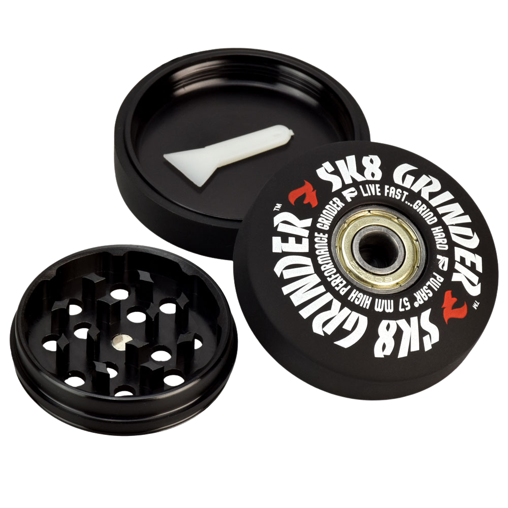 Pulsar SK8 Herb Grinder | Pieces Spread View & Scraper Tool