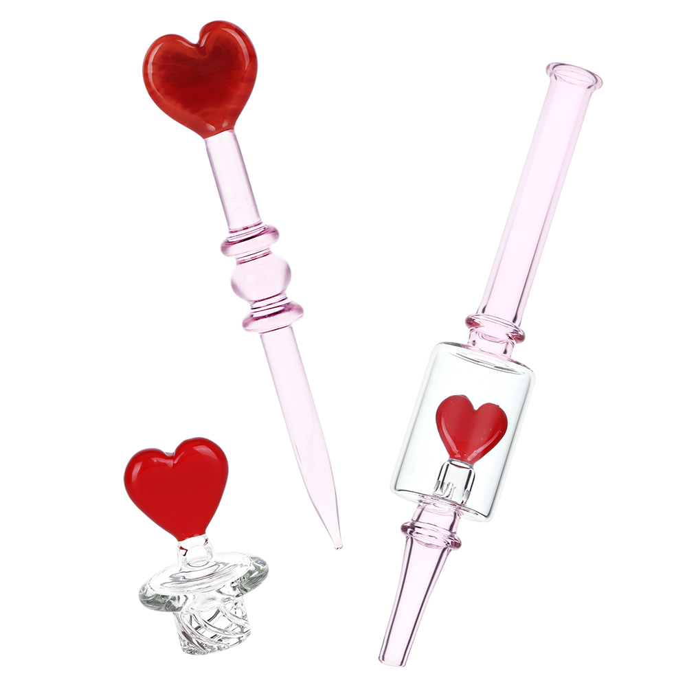 Pulsar Valentine's Love Dab Rig Set | Matching Heart Vortex Carb Cap, Dab Tool, & Dab Straw