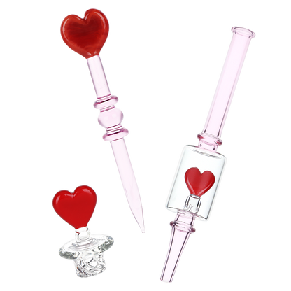 Pulsar Valentine's Love Dab Rig Set | Matching Heart Vortex Carb Cap, Dab Tool, & Dab Straw