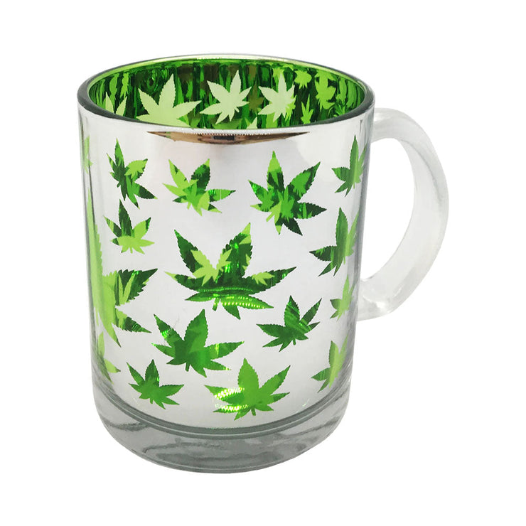 Pot Leaf Metallic Glass Coffee Mug | Pearl White