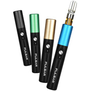 All four colors of the Pulsar PhD 510 vape battery, fanned out. The blue PhD has a cartridge inside.