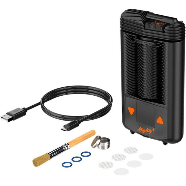 Storz & Bickel Mighty Plus Portable Vaporizer - what's in the box? Device, screens, USB-C charge cable, cleaning brush, o-rings, and dose capsule.